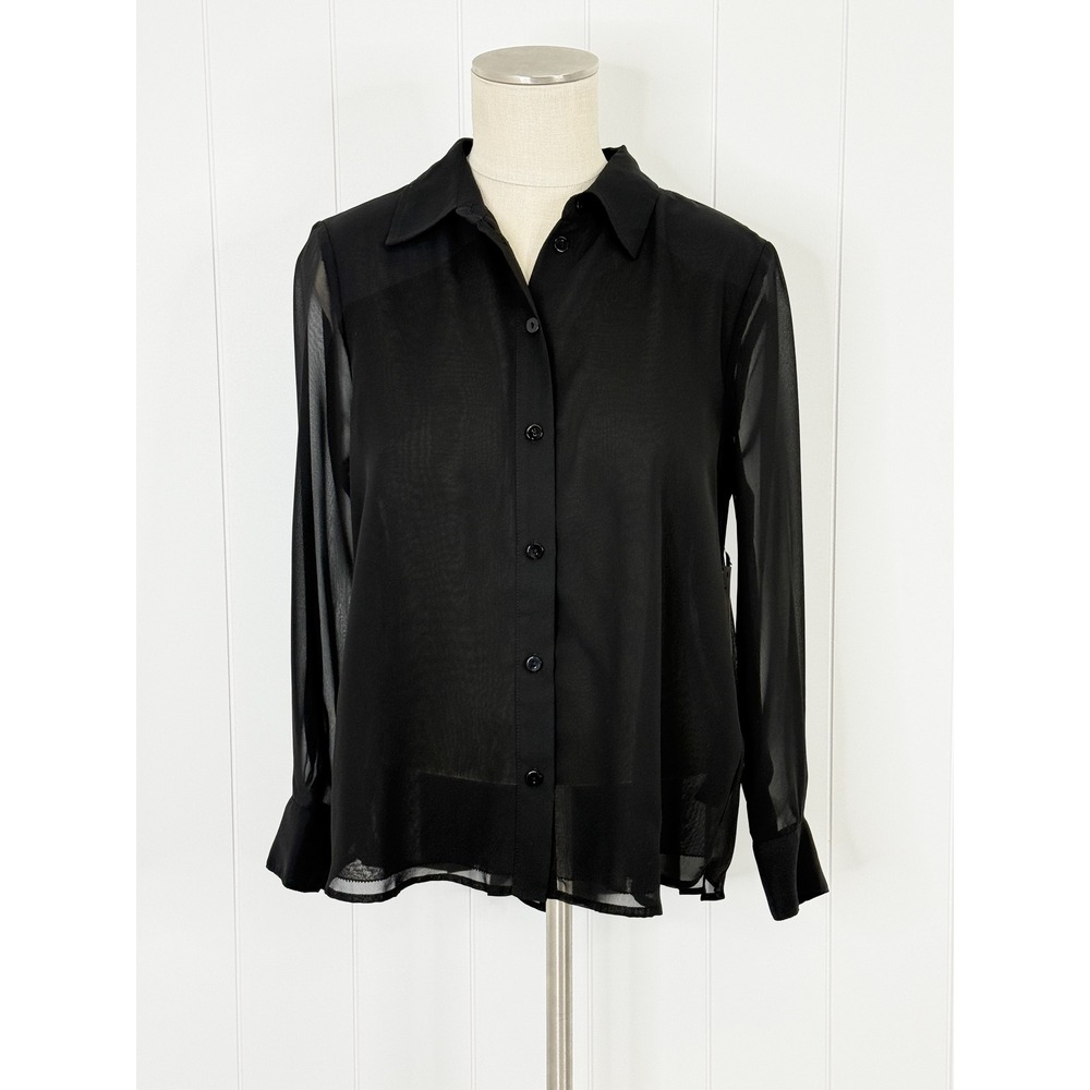 Liverpool Pleated Back Sheer Button Down Top NWT Women XS Black